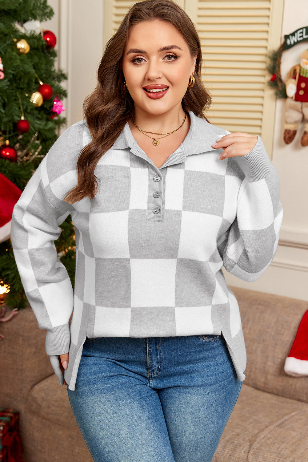 Gray Plus Size Checkered Pattern Button Polo Collar Split Sweater-TOPS / DRESSES-[Adult]-[Female]-2022 Online Blue Zone Planet
