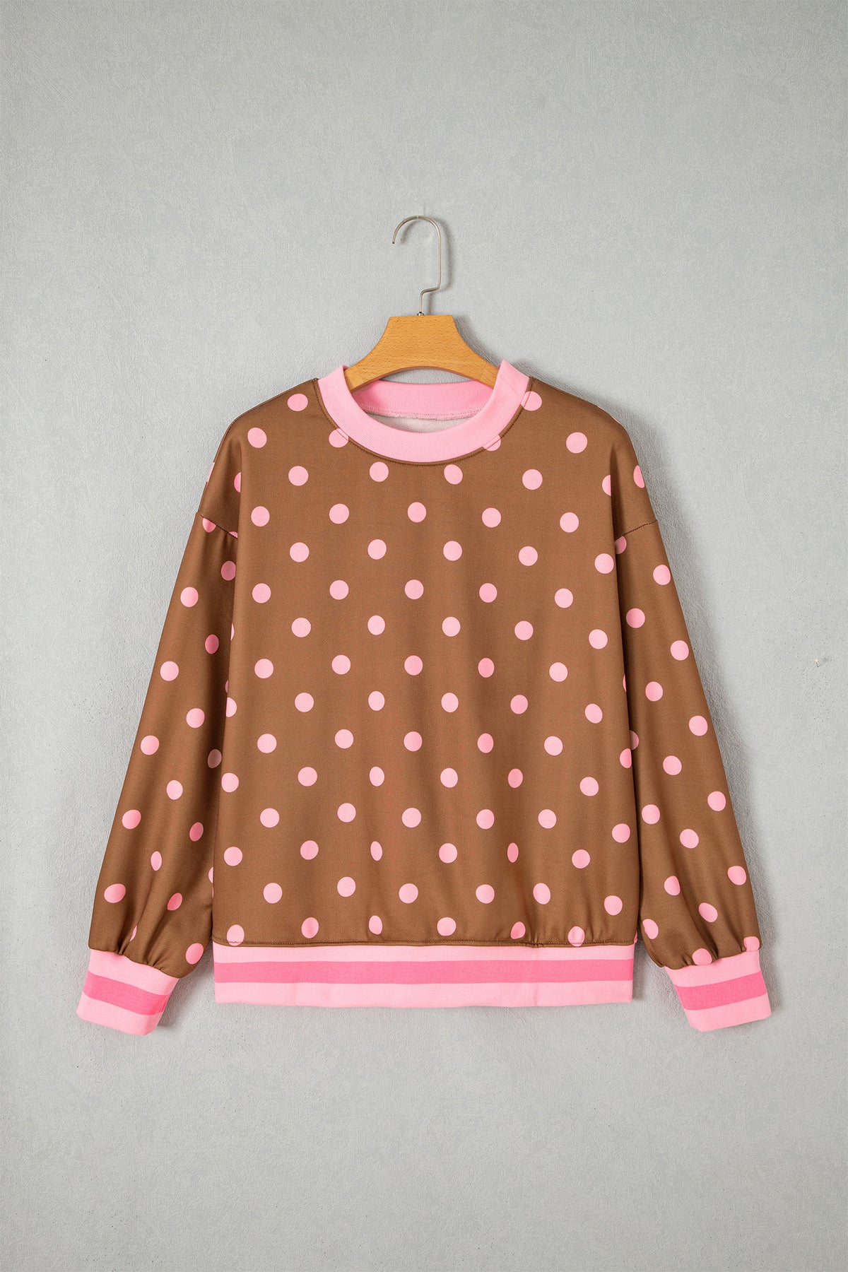 Brown Polka Dot Colorblock Round Neck Pullover Sweatshirt