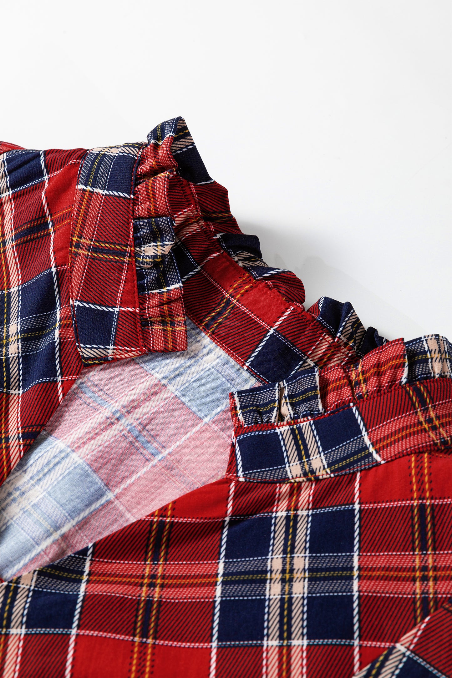 Red Plaid Print Frilly Collar Long Sleeve Shift Mini Dress-TOPS / DRESSES-[Adult]-[Female]-2022 Online Blue Zone Planet