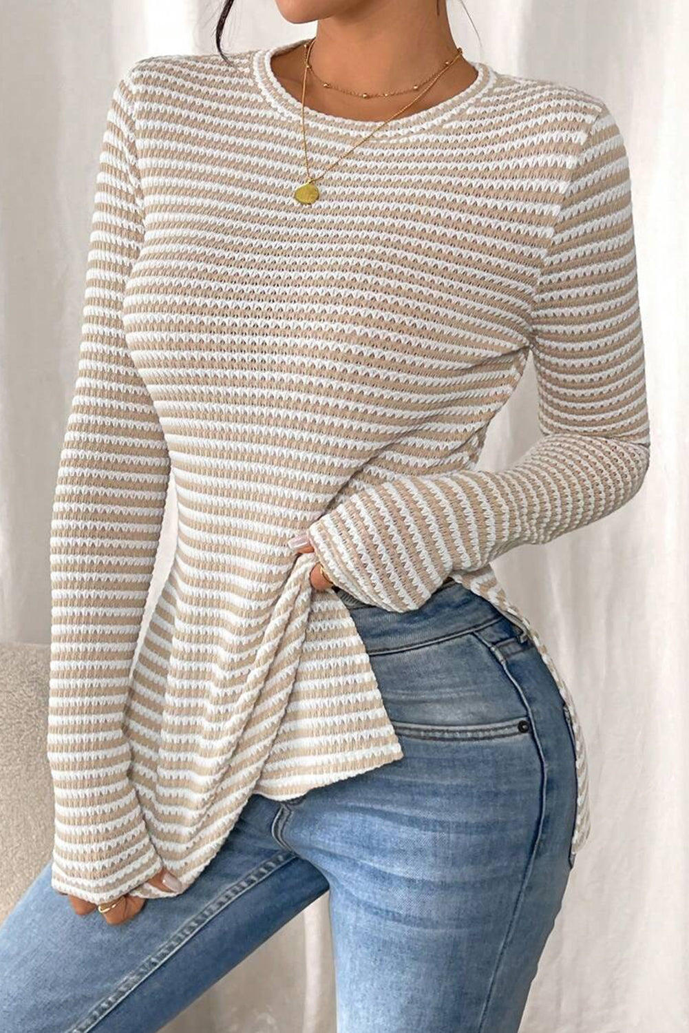 Jet Stream Striped Knit Side Slit Slim Round Neck Tunic Top-Tops/Long Sleeve Tops-[Adult]-[Female]-2022 Online Blue Zone Planet