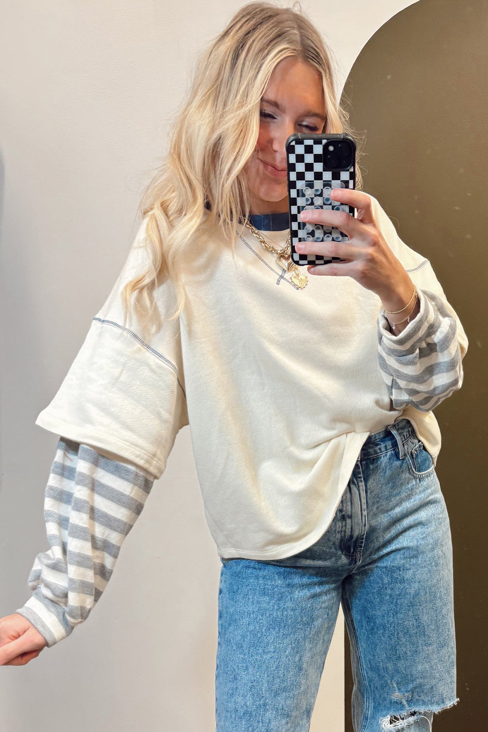 Beige Striped Patchwork Long Sleeve Round Neck Two-In-One Top-Tops/Long Sleeve Tops-[Adult]-[Female]-2022 Online Blue Zone Planet
