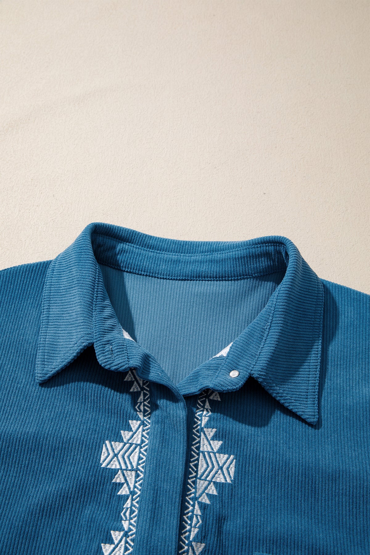 Blue Embroidered Corduroy V-Neck Long Sleeve Plus Size Shirt