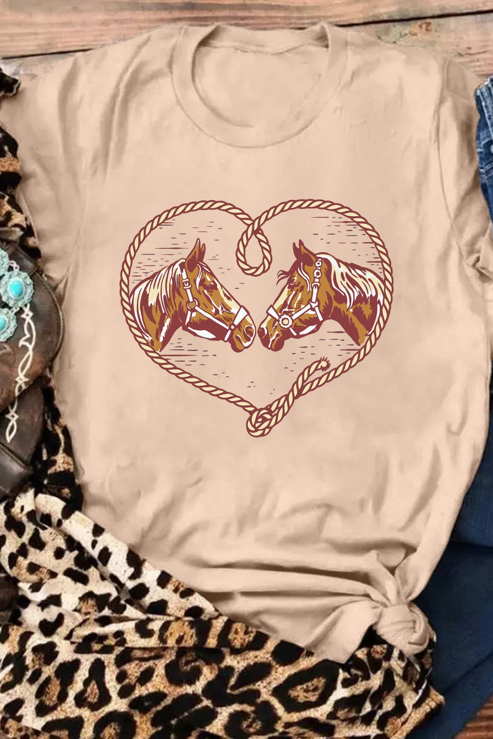 Khaki Rodeo Horse Graphic Western Cowgirl Fashion T Shirt-Graphic/Graphic Tees-[Adult]-[Female]-2022 Online Blue Zone Planet
