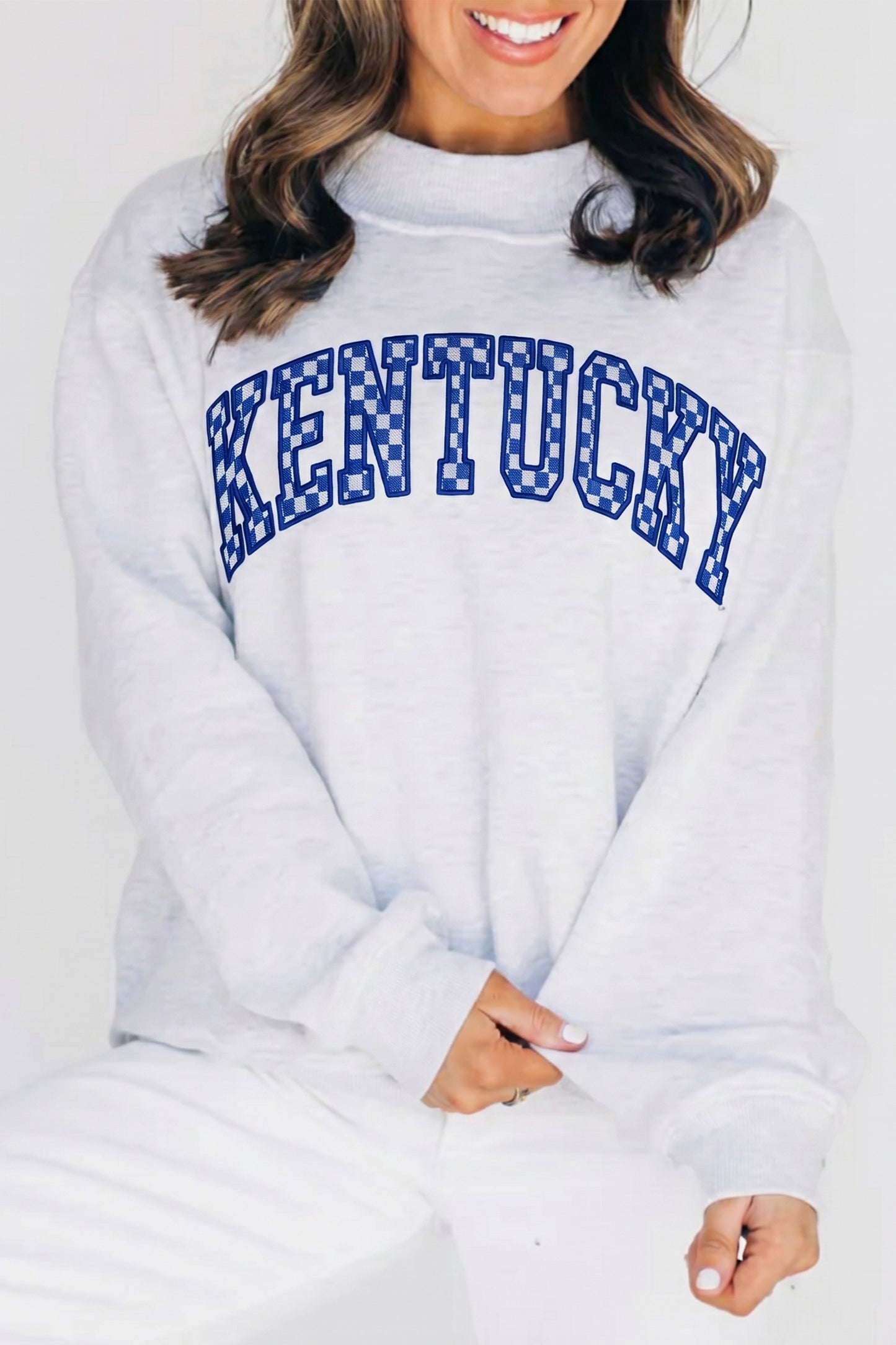 Light Grey High Neck Embroidered Checkered Letter Game Day Sweatshirt-Tops/Sweatshirts & Hoodies-[Adult]-[Female]-Light Grey-S-2022 Online Blue Zone Planet