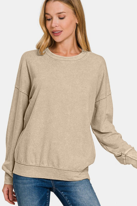 Zenana Washed Round Neck Dropped Shoulder Sweatshirt-TOPS / DRESSES-[Adult]-[Female]-2022 Online Blue Zone Planet