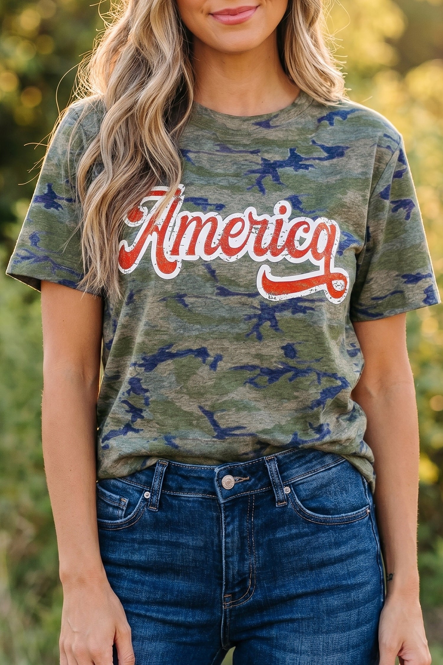 Multicolour Stylish Camouflage Print America Patriotic Tee-Tops/Tops & Tees-[Adult]-[Female]-Multicolour-S-2022 Online Blue Zone Planet