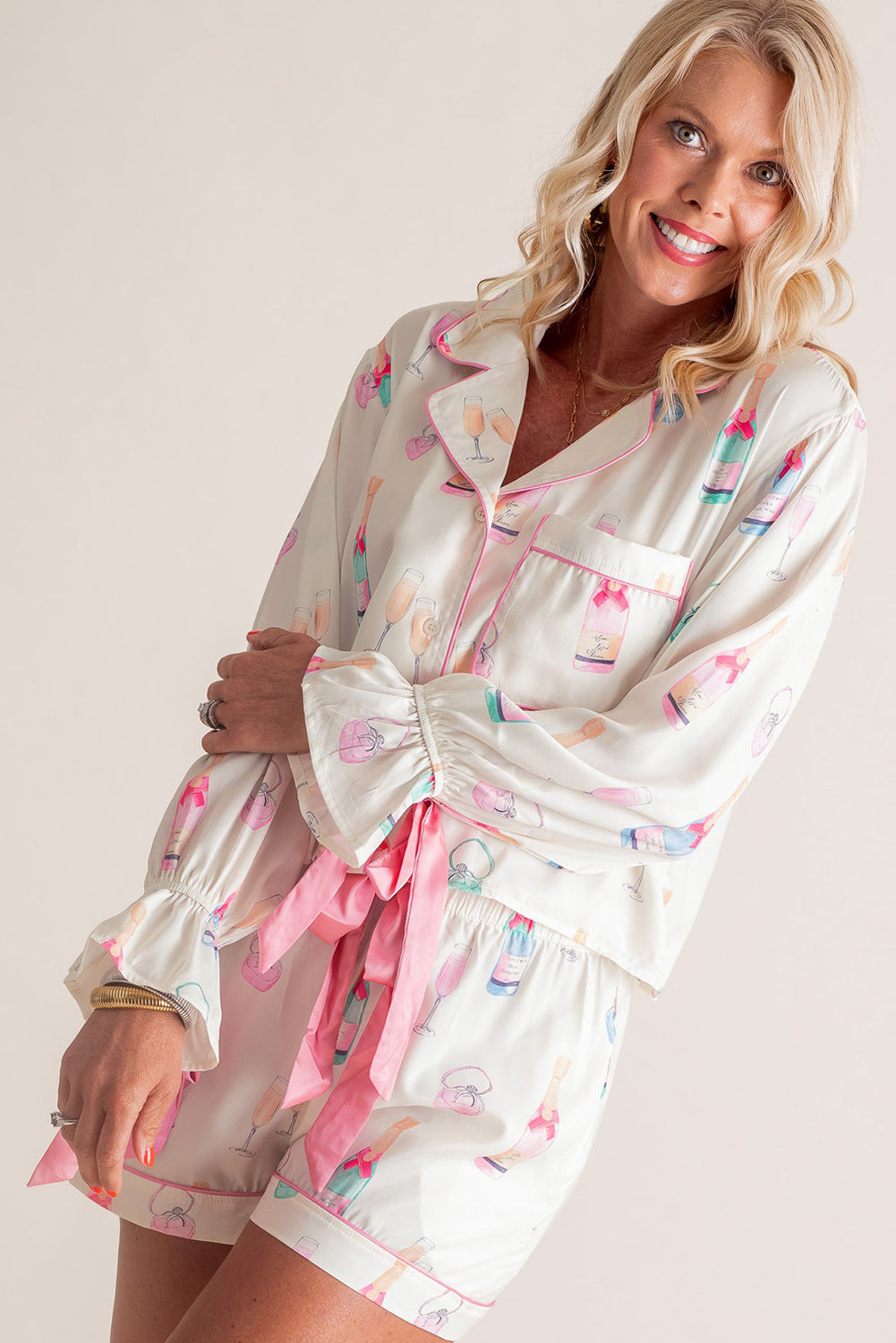 Blue Zone Planet | White Plus Size Wine Glass Print Bow Knot Pajama Set-Plus Size/Plus Size Loungewear-[Adult]-[Female]-2022 Online Blue Zone Planet