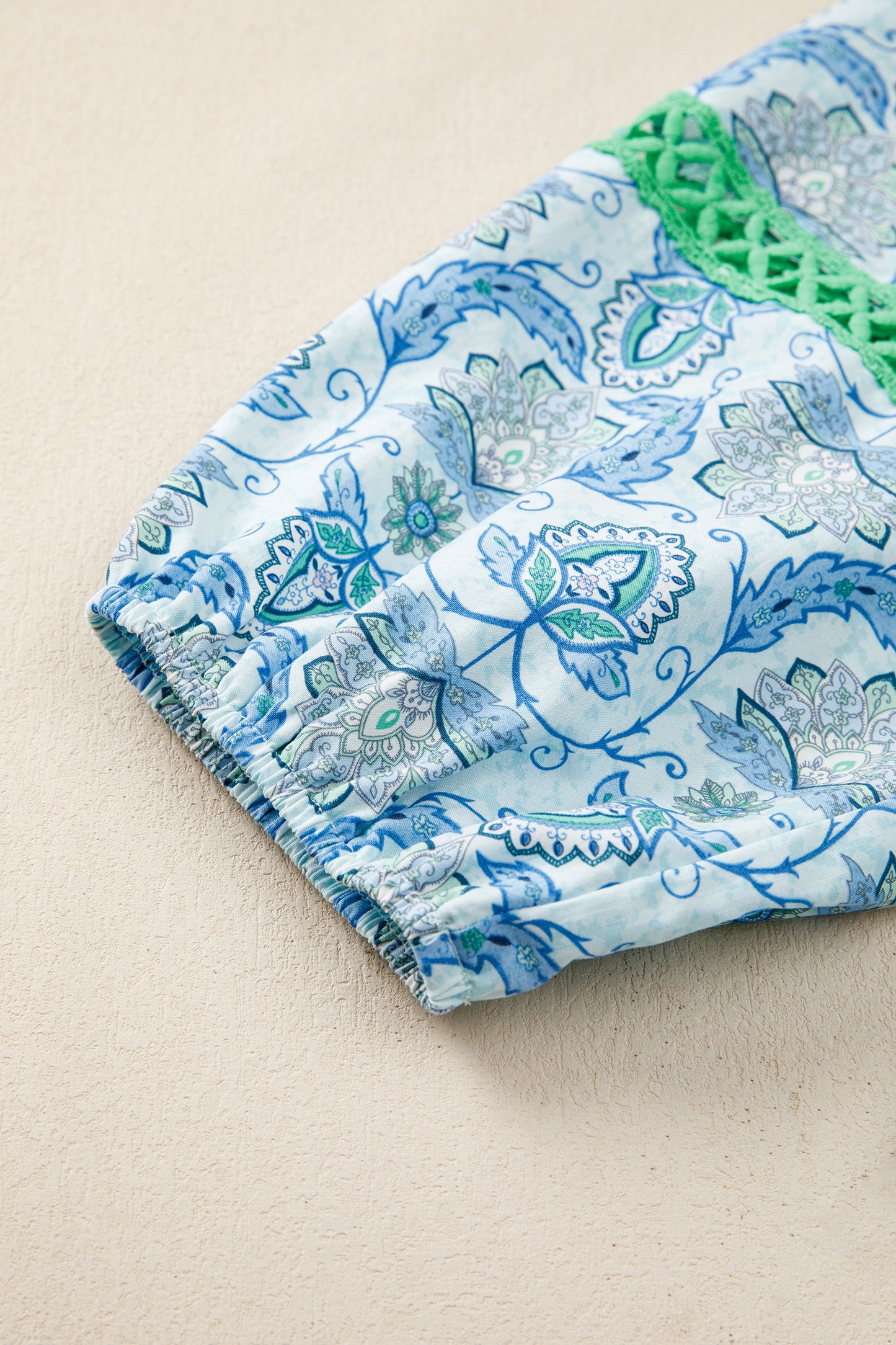 Sky Blue Boho Paisley Print Contrasted Patchwork Detail Bracelet Sleeve Loose Mini Dress