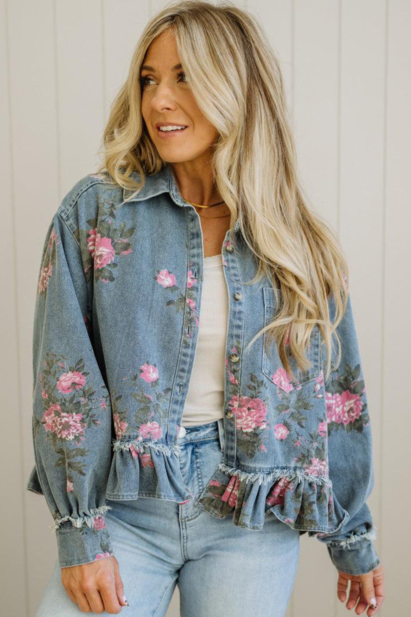 Sky Blue Floral Print Raw Seam Ruffle Hem Denim Jacket-Outerwear/Denim jackets-[Adult]-[Female]-2022 Online Blue Zone Planet
