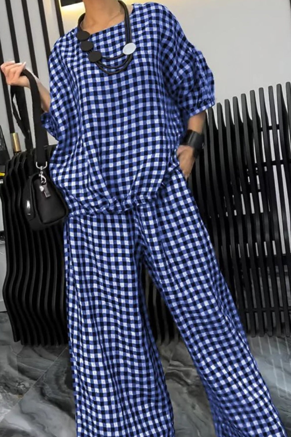 Full Size Plaid Round Neck Half Sleeve Top and Pants Set-TOPS / DRESSES-[Adult]-[Female]-Royal Blue-S-2022 Online Blue Zone Planet