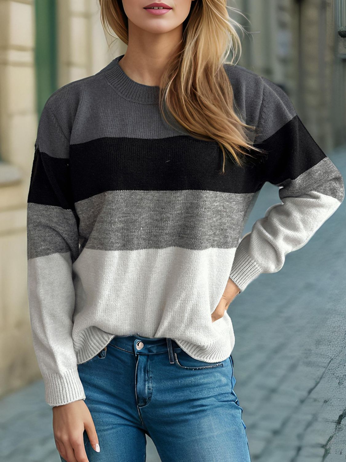 Blue Zone Planet | Color Block Round Neck Long Sleeve Sweater-TOPS / DRESSES-[Adult]-[Female]-2022 Online Blue Zone Planet