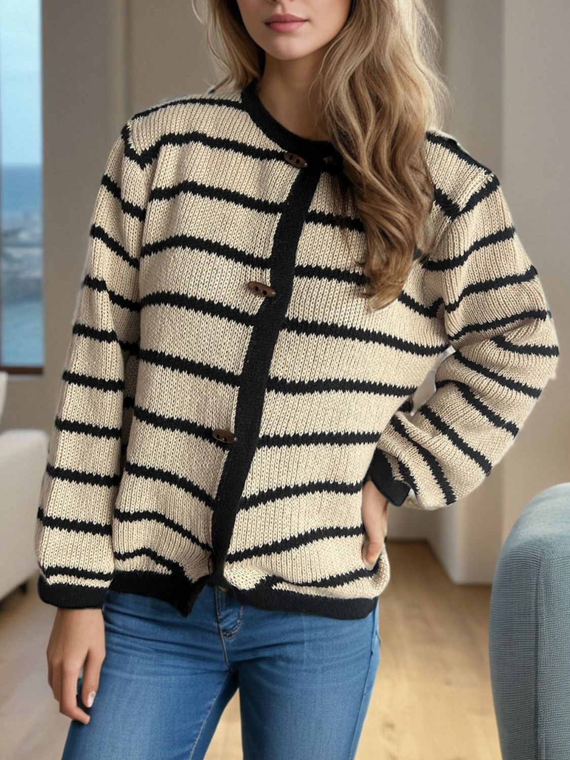 Blue Zone Planet | Striped Round Neck Long Sleeve Cardigan-TOPS / DRESSES-[Adult]-[Female]-Tan-One Size-2022 Online Blue Zone Planet