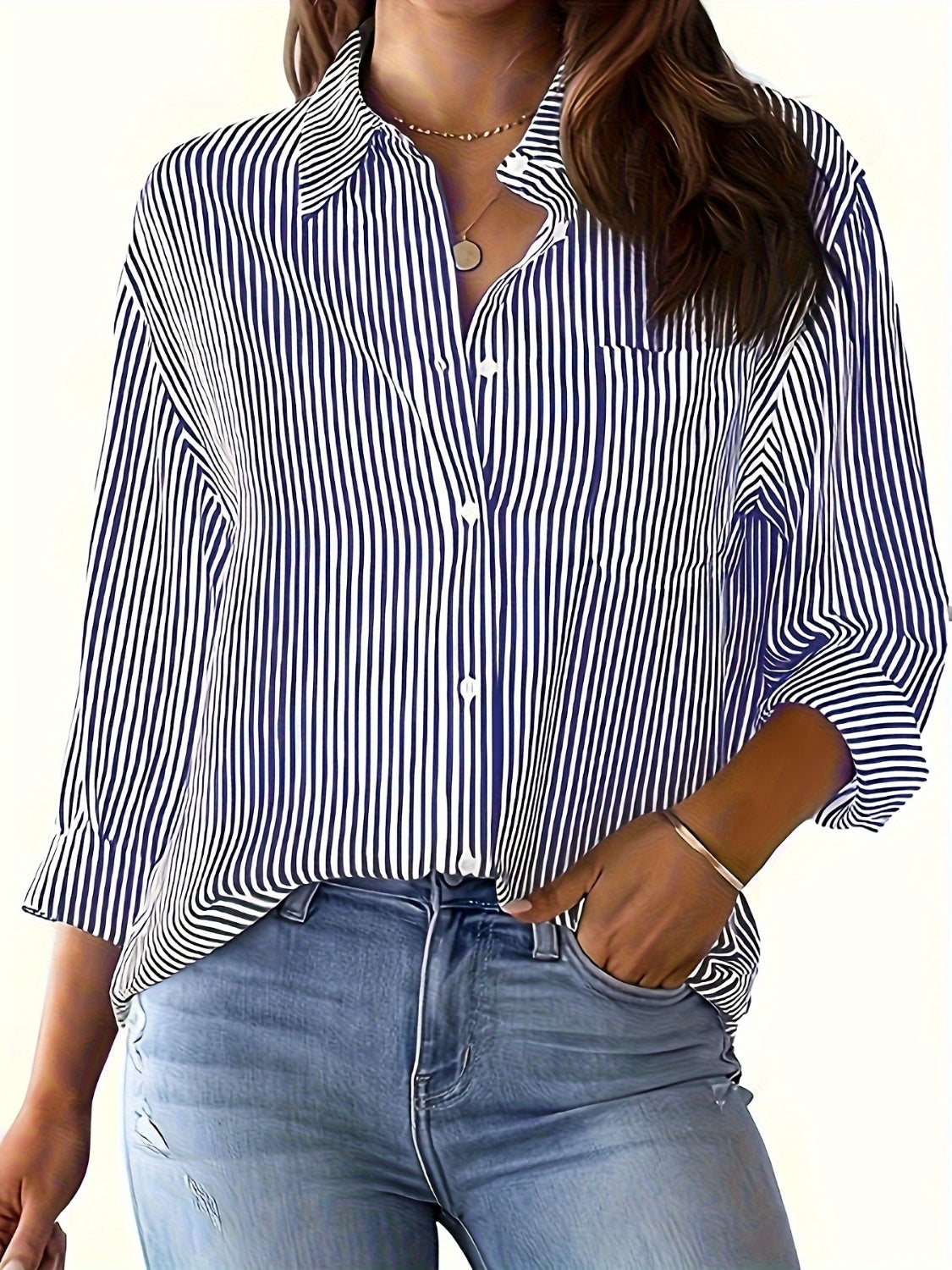 Striped Collared Neck Long Sleeve Shirt-TOPS / DRESSES-[Adult]-[Female]-2022 Online Blue Zone Planet