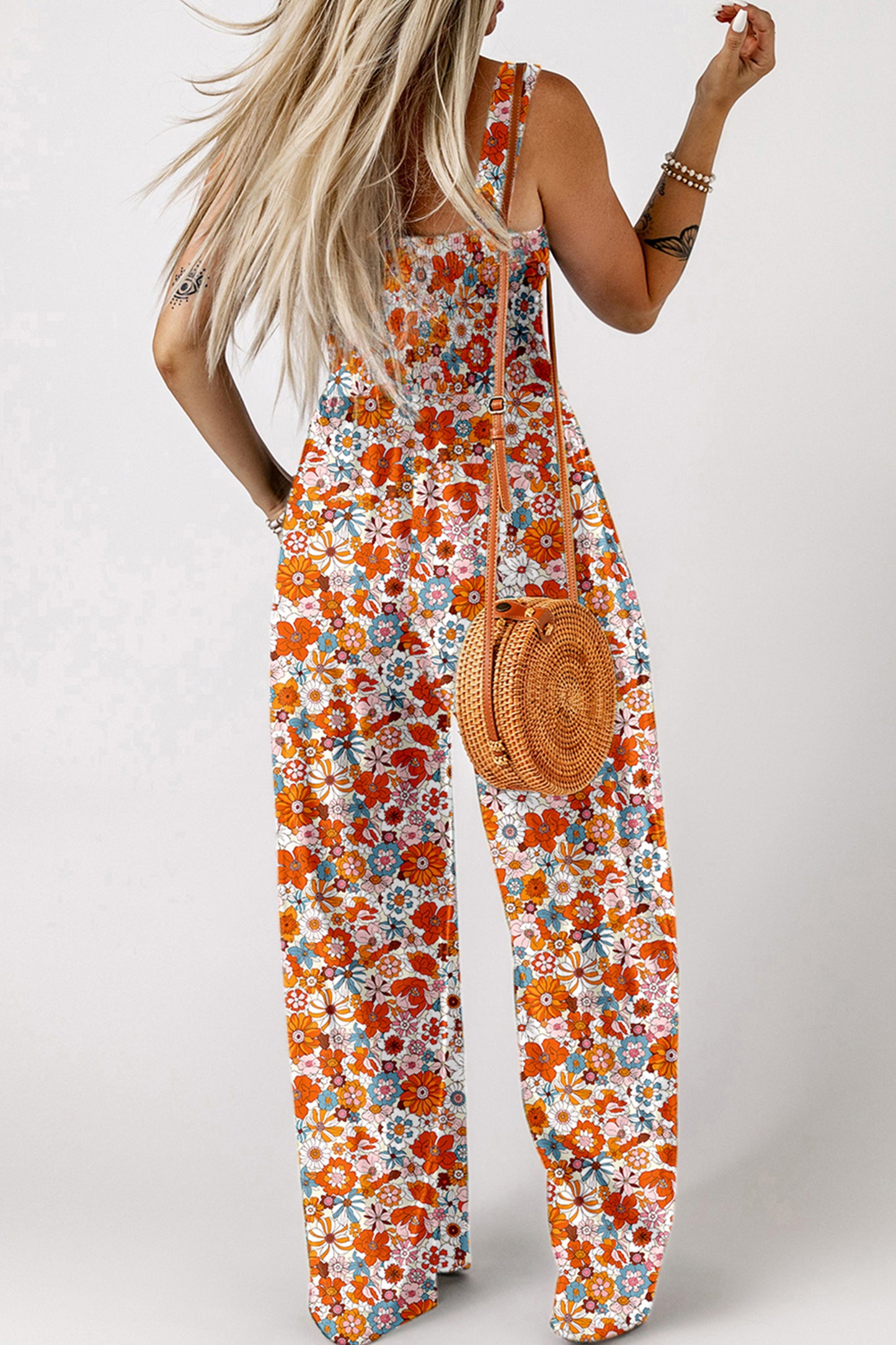 Orange Floral Print Sleeveless Smocked Shift Jumpsuit-Bottoms/Jumpsuits & Rompers-[Adult]-[Female]-2022 Online Blue Zone Planet