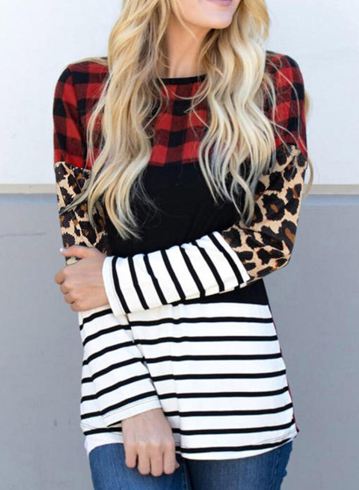 Plaid Print Leopard Splicing Striped Color Block Long Sleeve Top-Sale (50% OFF)/$1.99 SALE-[Adult]-[Female]-2022 Online Blue Zone Planet