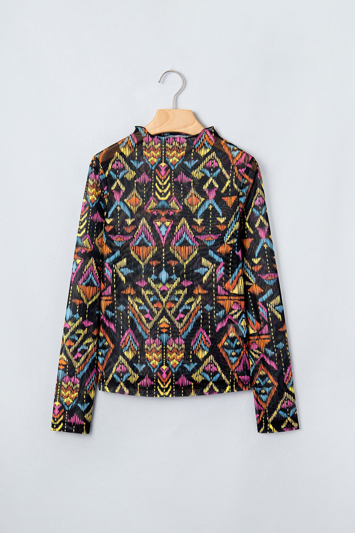 Color Black Abstract Print Long Sleeve Stand Neck Mesh Top-Tops/Long Sleeve Tops-[Adult]-[Female]-2022 Online Blue Zone Planet