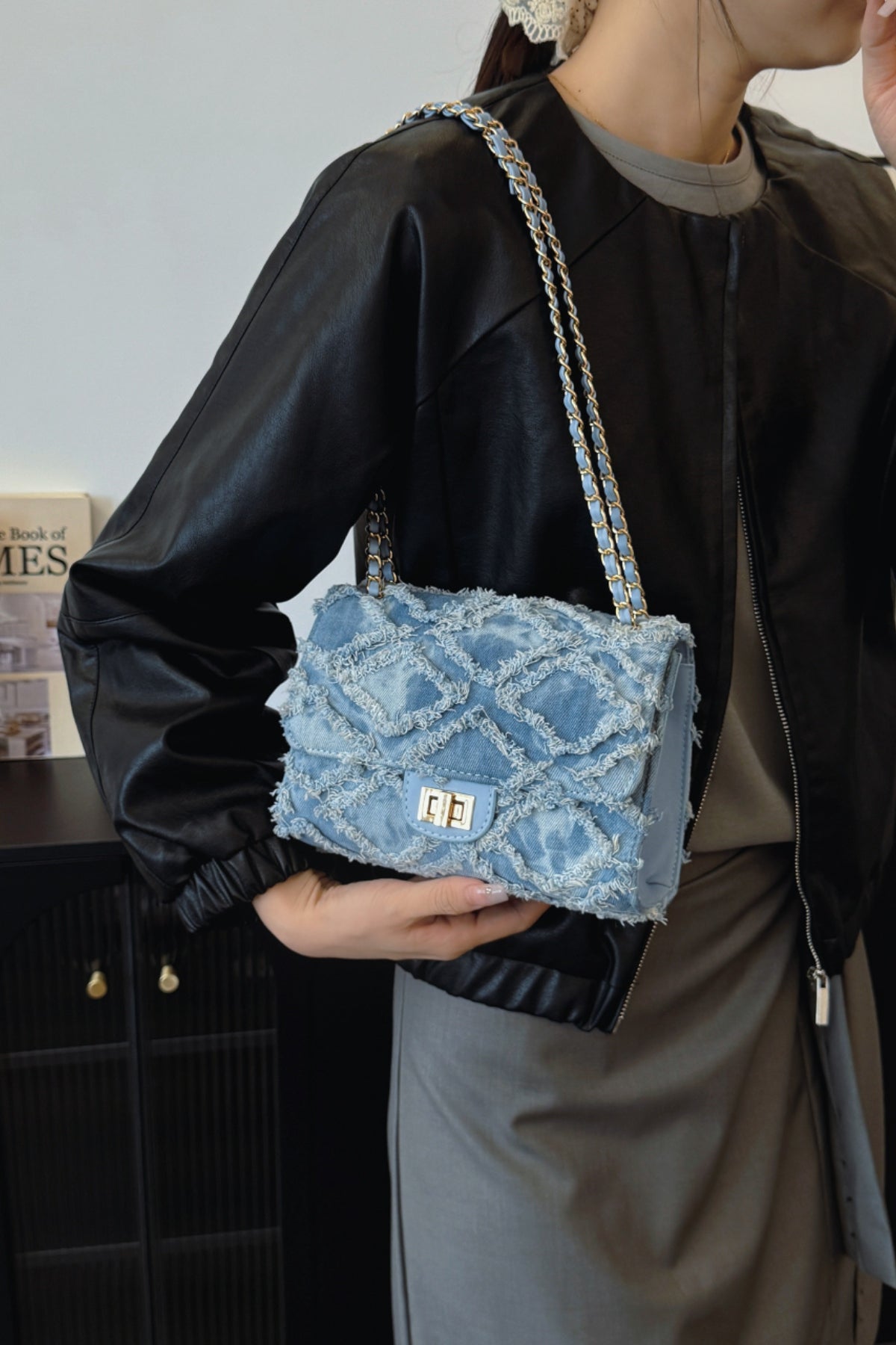 Raw Hem Denim Crossbody Bag-HANDBAGS-[Adult]-[Female]-2022 Online Blue Zone Planet