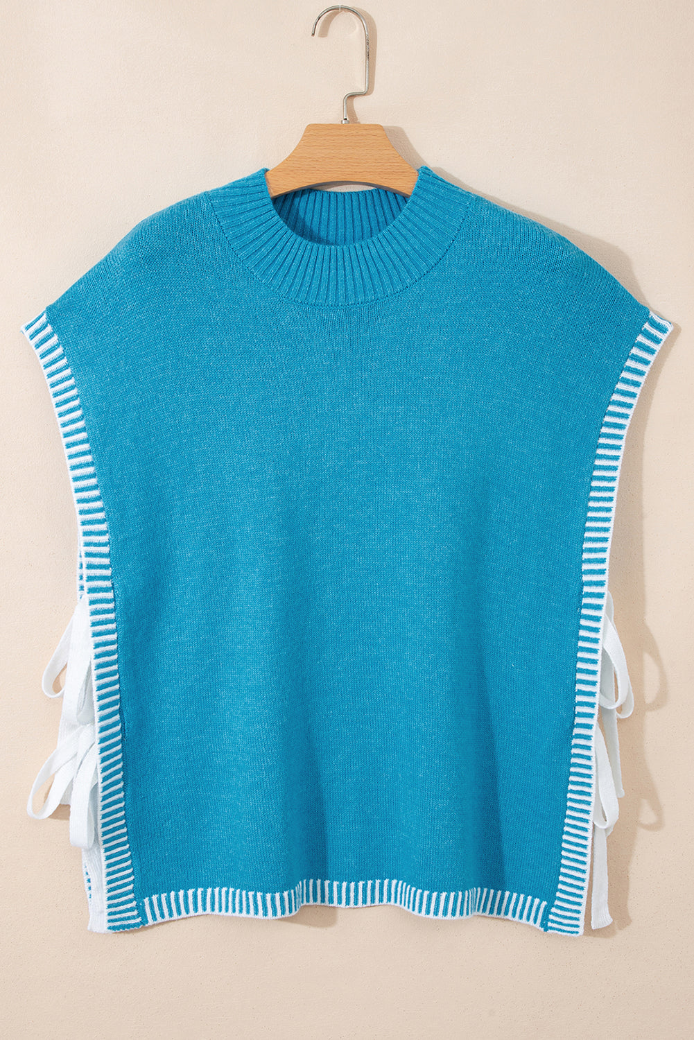 Blue Contrast Stitch Trim Knot Side Mock Neck Sweater Vest-TOPS / DRESSES-[Adult]-[Female]-2022 Online Blue Zone Planet