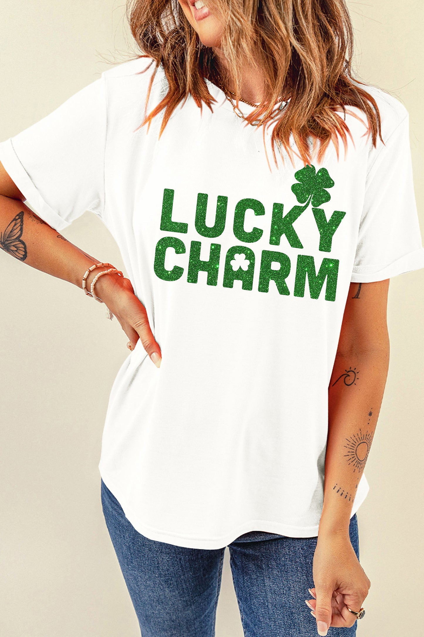 White LUCKY CHARM Shimmery Print St Patricks Day Clover T Shirt-Graphic/Graphic Tees-[Adult]-[Female]-2022 Online Blue Zone Planet