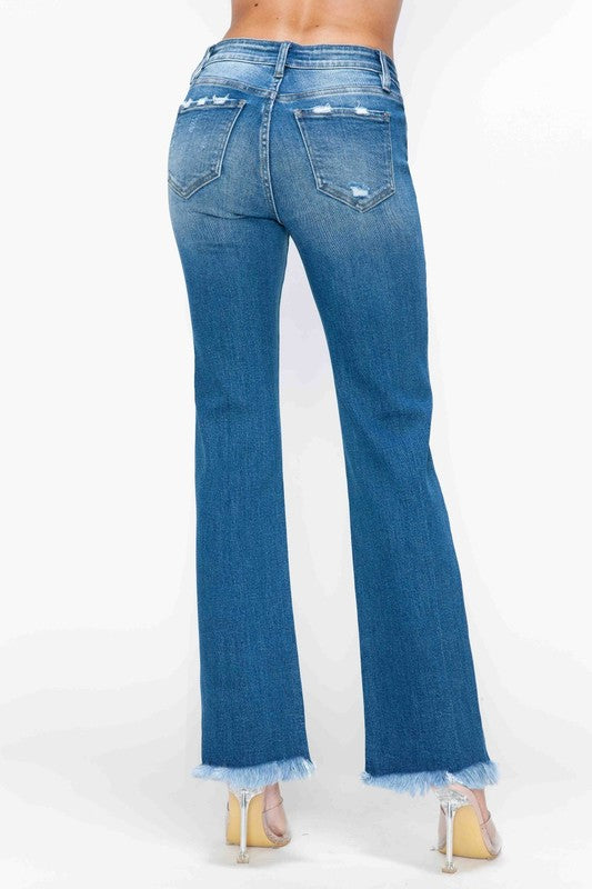 Blue Zone Planet | bytos Full Size Raw Hem Distressed Mid Rise Straight Jeans-BOTTOMS SIZES SMALL MEDIUM LARGE-[Adult]-[Female]-2022 Online Blue Zone Planet