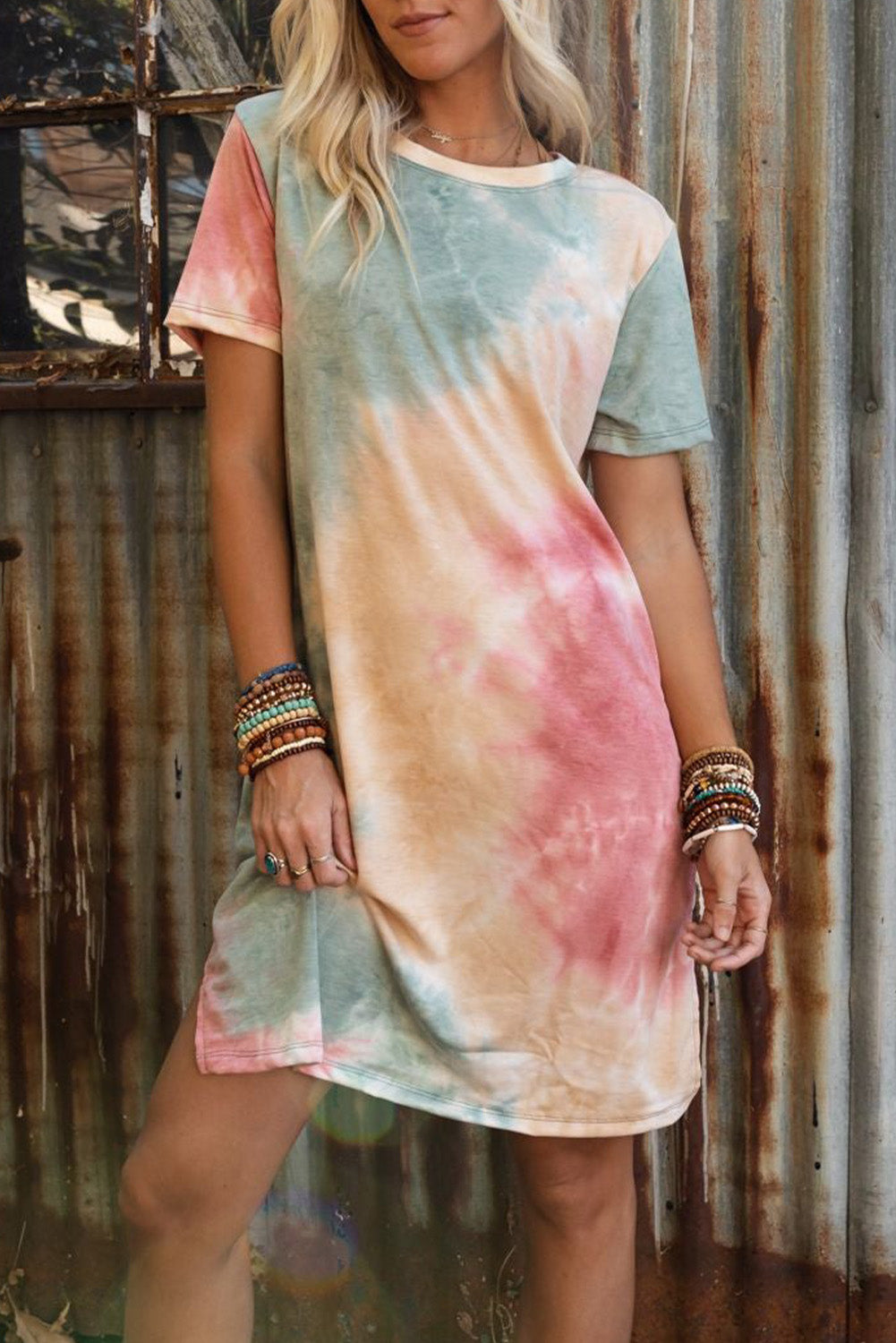 Multicolor Tie Dye Oversized Slit Tee Dress Blue Zone Planet