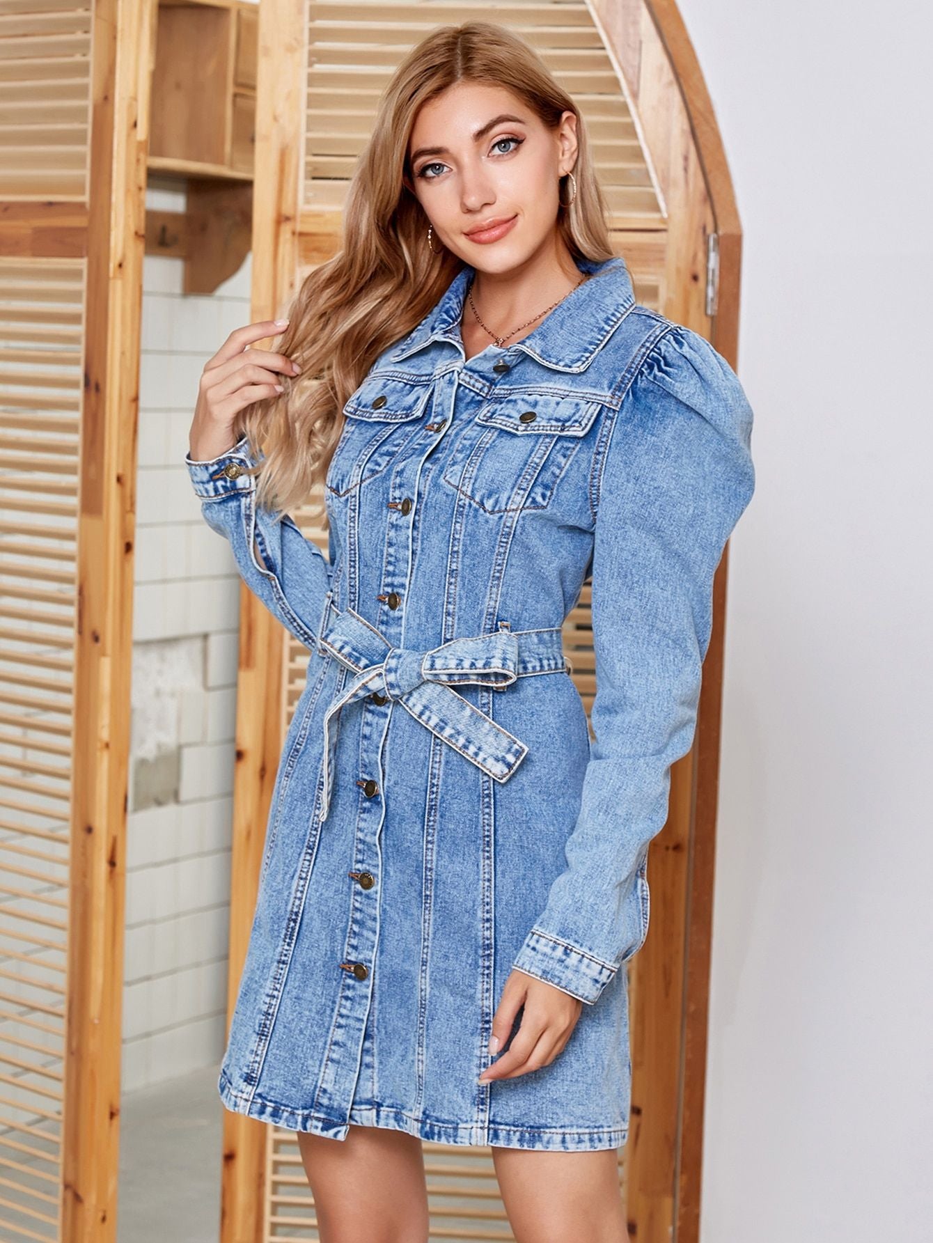 Tied Button Up Collared Neck Denim Dress-TOPS / DRESSES-[Adult]-[Female]-2022 Online Blue Zone Planet