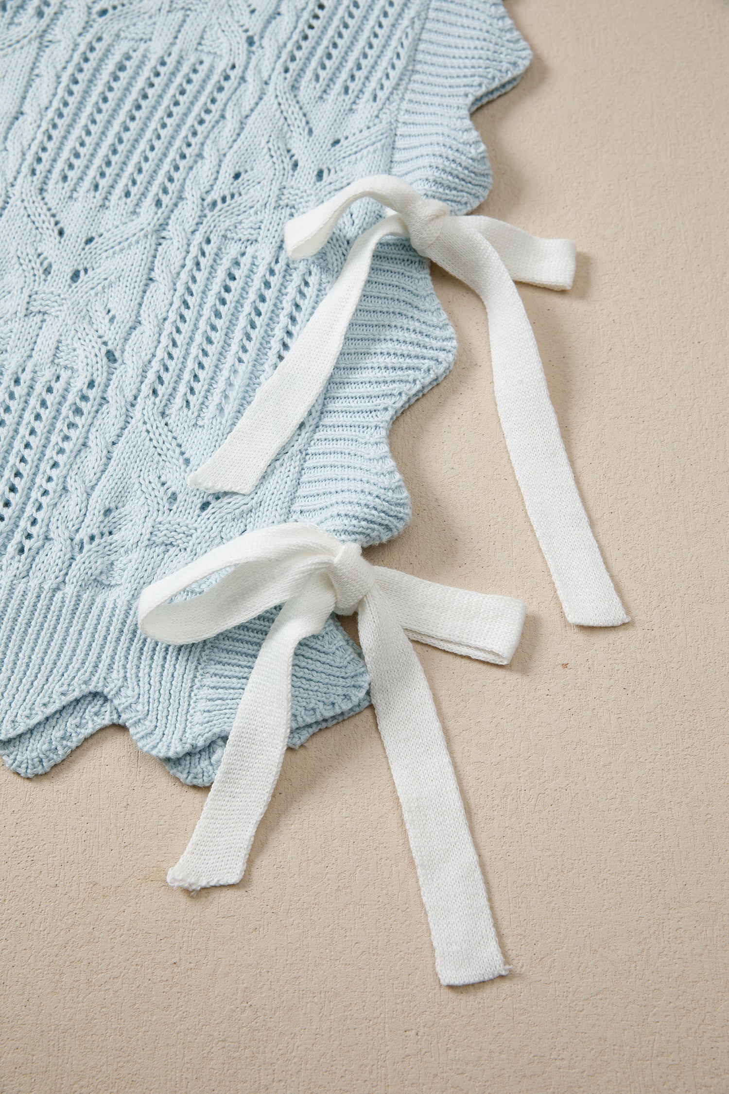 Beau Blue Pointelle Knit Patterned Scalloped Trim Short Sleeve Sweater-TOPS / DRESSES-[Adult]-[Female]-2022 Online Blue Zone Planet