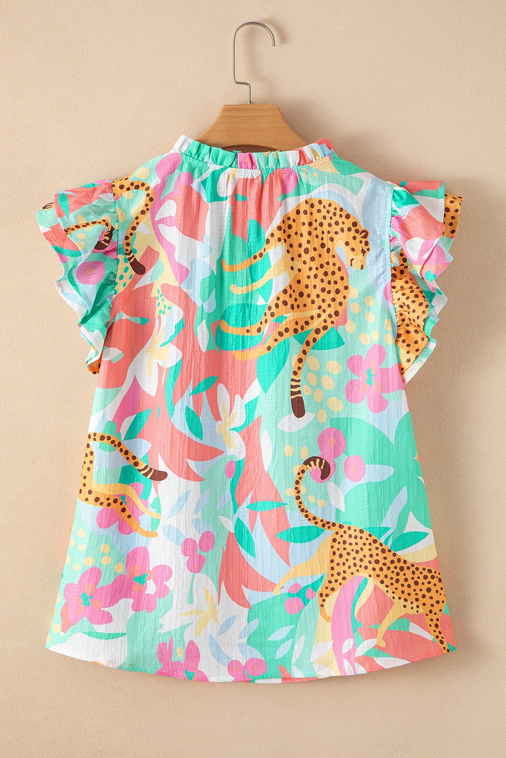 Green Frilly Ruffle Tie Split Neck Summer Floral Blouse-Tops/Blouses & Shirts-[Adult]-[Female]-2022 Online Blue Zone Planet
