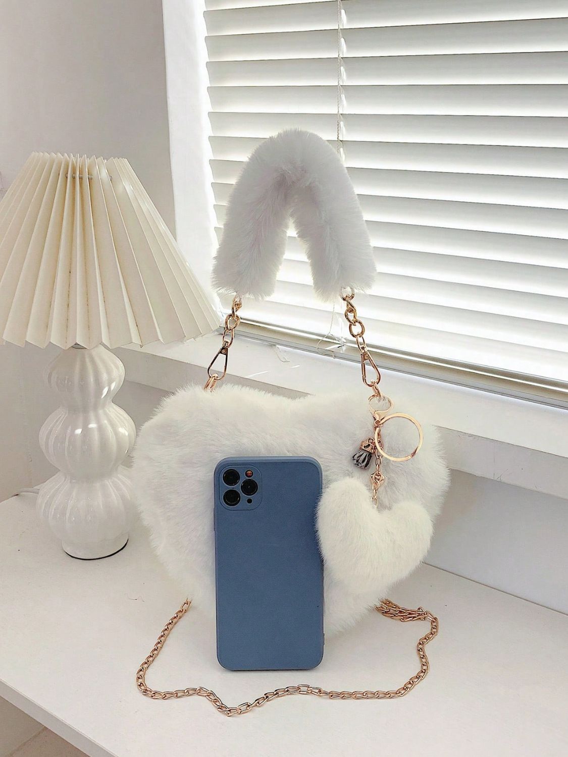 Heart Shape Faux Fur Handbag-HANDBAGS-[Adult]-[Female]-2022 Online Blue Zone Planet