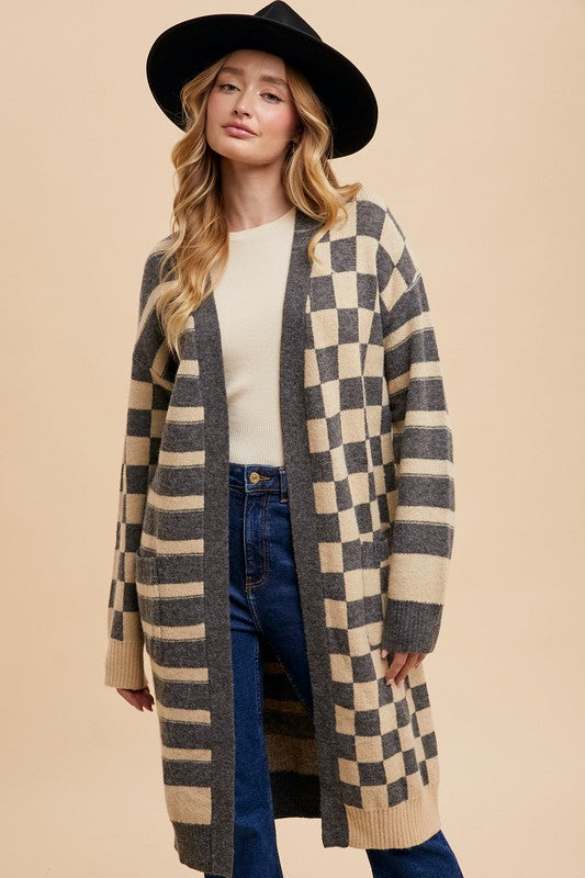 Annie Wear Checkered & Striped Open Front Long Sleeve Cardigan-TOPS / DRESSES-[Adult]-[Female]-Dark Gray-S-2022 Online Blue Zone Planet