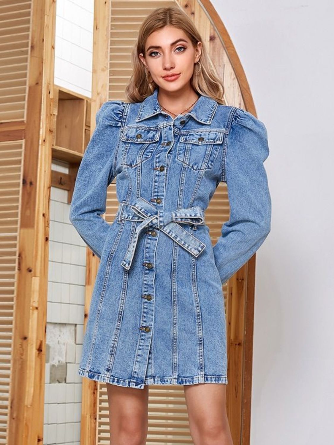 Tied Button Up Collared Neck Denim Dress-TOPS / DRESSES-[Adult]-[Female]-2022 Online Blue Zone Planet