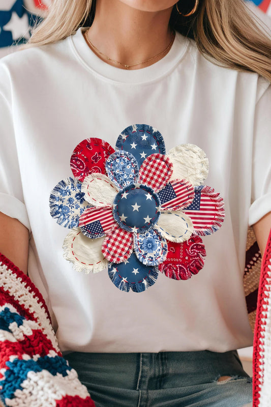 White Faux Patchwork Patriotic Flower Printed T Shirt-Graphic/Graphic Tees-[Adult]-[Female]-White-S-2022 Online Blue Zone Planet
