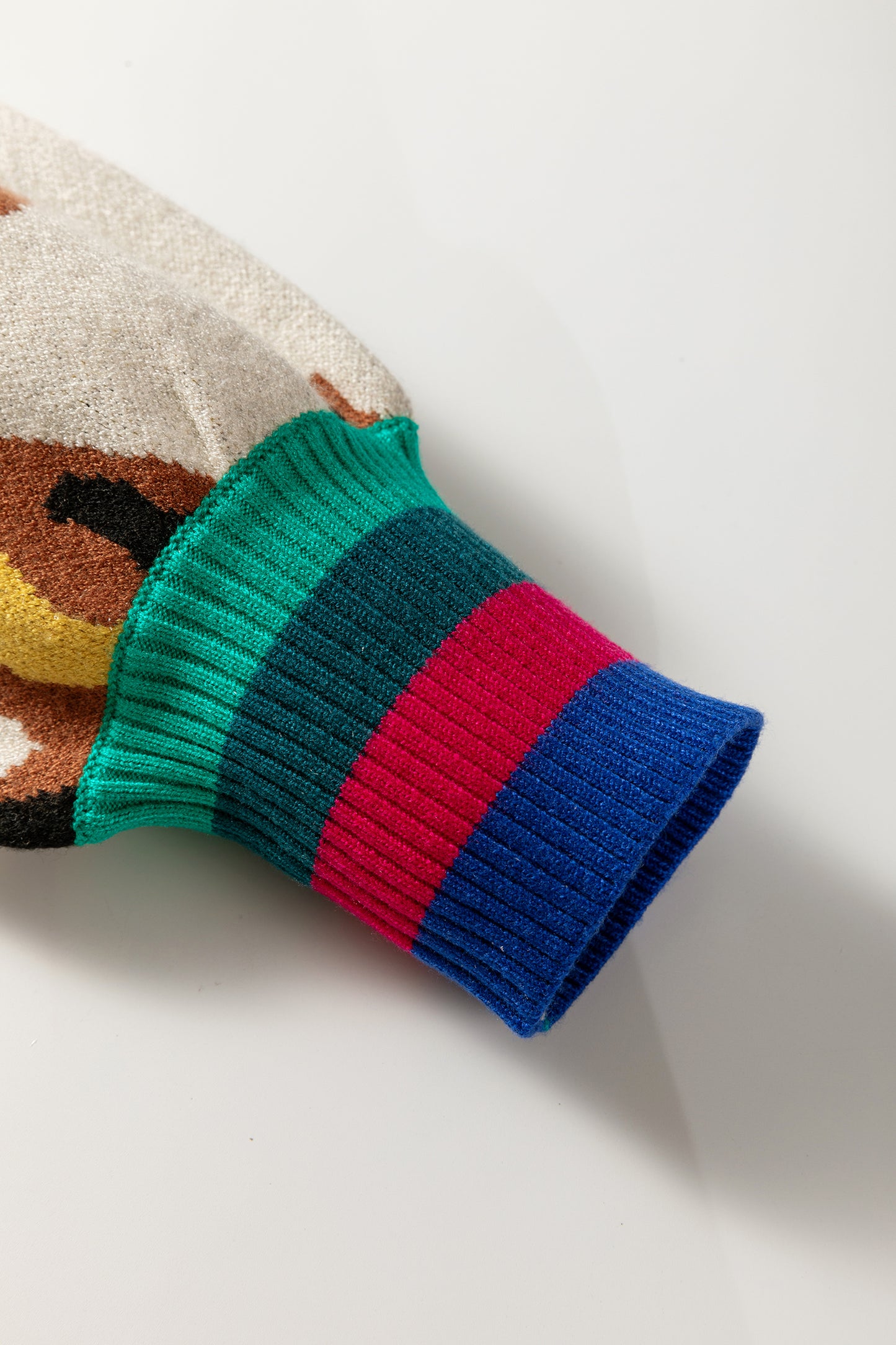 Apricot Contrast Ribbed Stripes Detail Animal Pattern Knit Sweater-TOPS / DRESSES-[Adult]-[Female]-2022 Online Blue Zone Planet