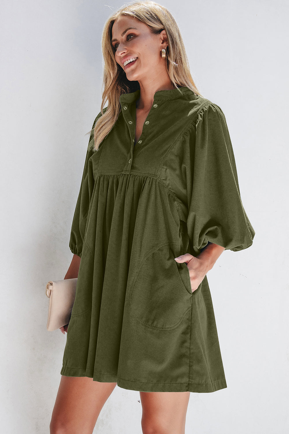 Blue Zone Planet | Vineyard Green Corduroy Snap Buttons Empire Waist Bracelet Sleeve Mini Dress-TOPS / DRESSES-[Adult]-[Female]-2022 Online Blue Zone Planet