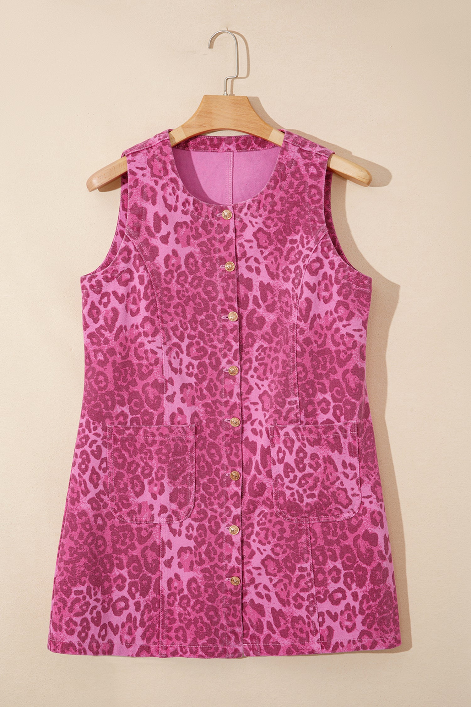 Pink Leopard Denim Buttoned Shift Sleeveless Dress-Dresses/Mini Dresses-[Adult]-[Female]-2022 Online Blue Zone Planet
