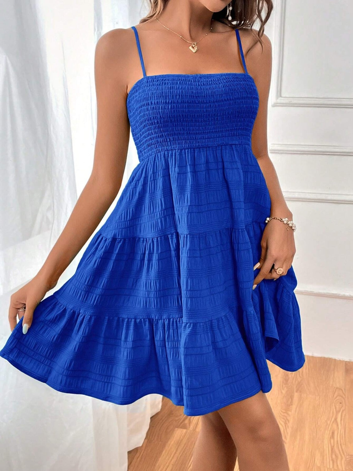 Smocked Tiered Sleeveless Mini Dress BLUE ZONE PLANET
