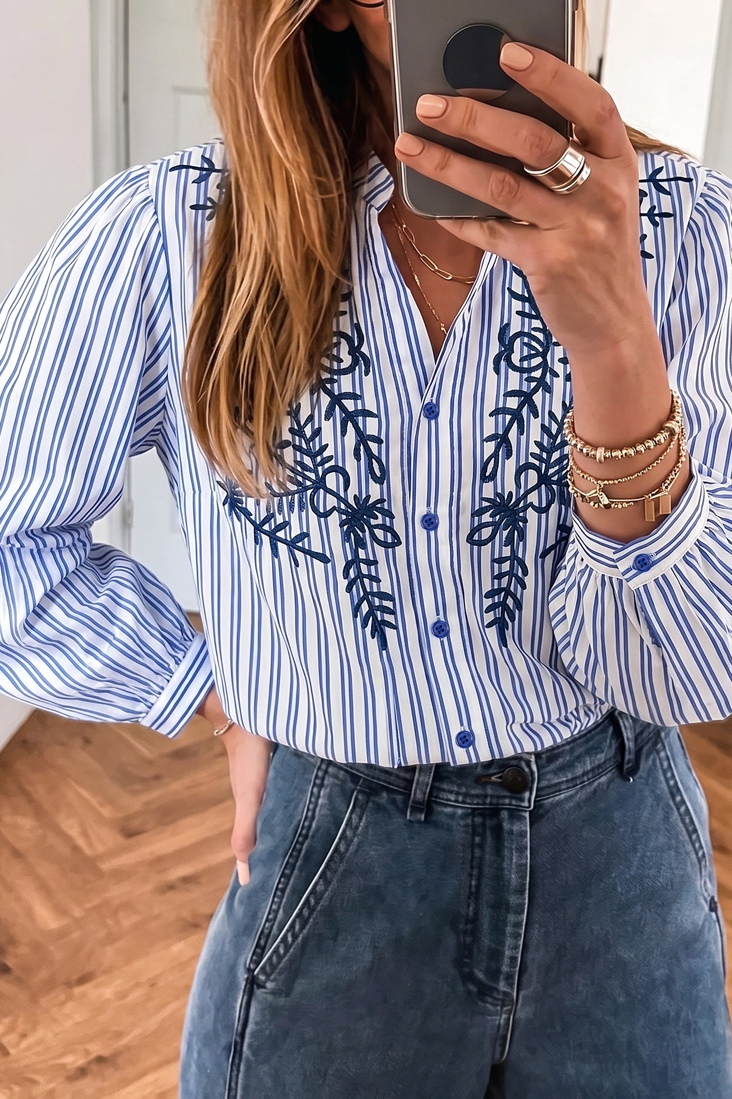 Blue Stripe Embroidered Detail Button Front Long Sleeve Shirt-Tops/Blouses & Shirts-[Adult]-[Female]-Blue Stripe-S-2022 Online Blue Zone Planet