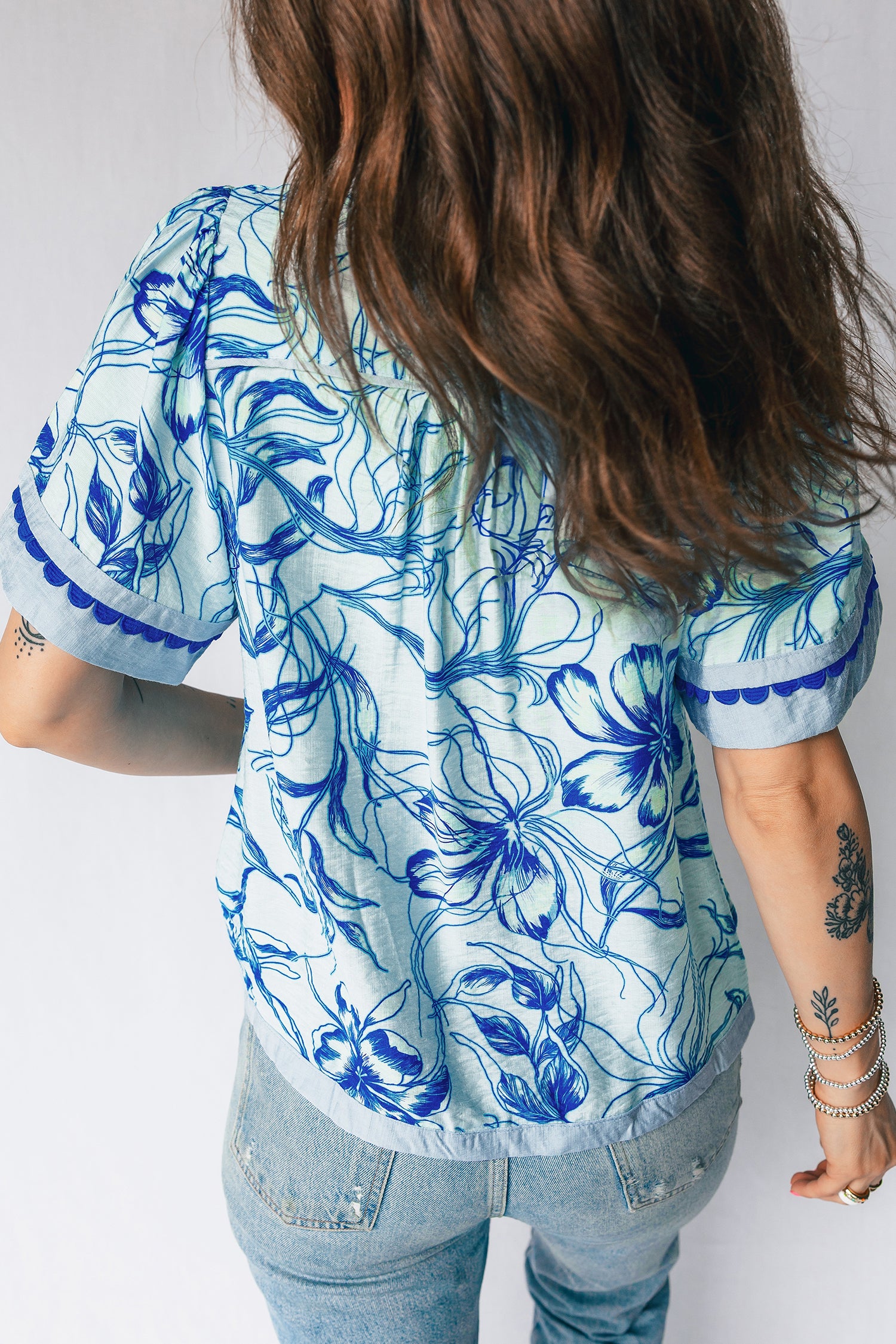Sky Blue Ricrac Trim Slit V Neck Short Sleeve Floral Blouse-Tops/Blouses & Shirts-[Adult]-[Female]-2022 Online Blue Zone Planet