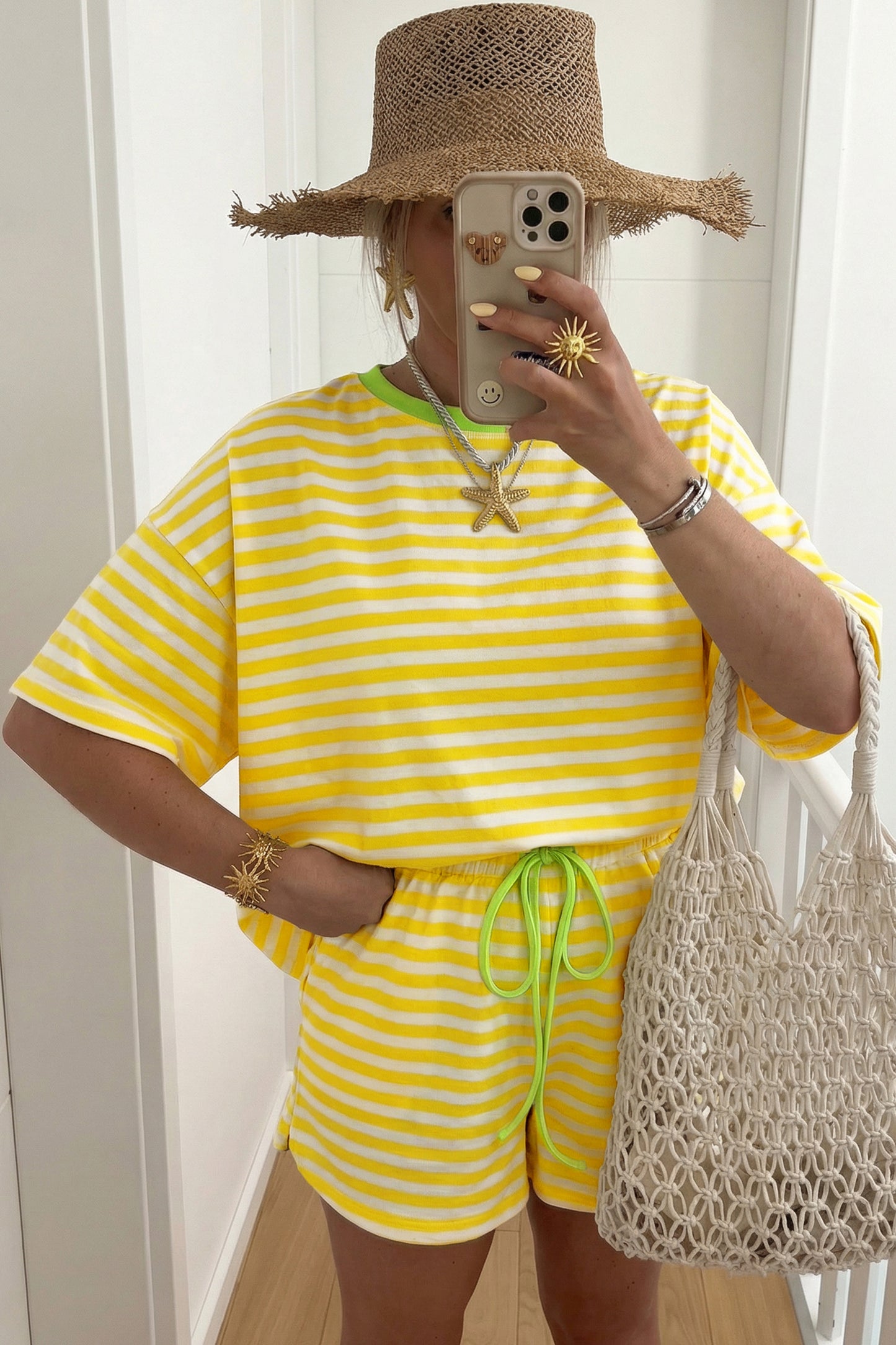 Yellow Stripe Contrast Neck Loose Tee and Drawstring Shorts Set-Two Piece Sets/Short Sets-[Adult]-[Female]-2022 Online Blue Zone Planet