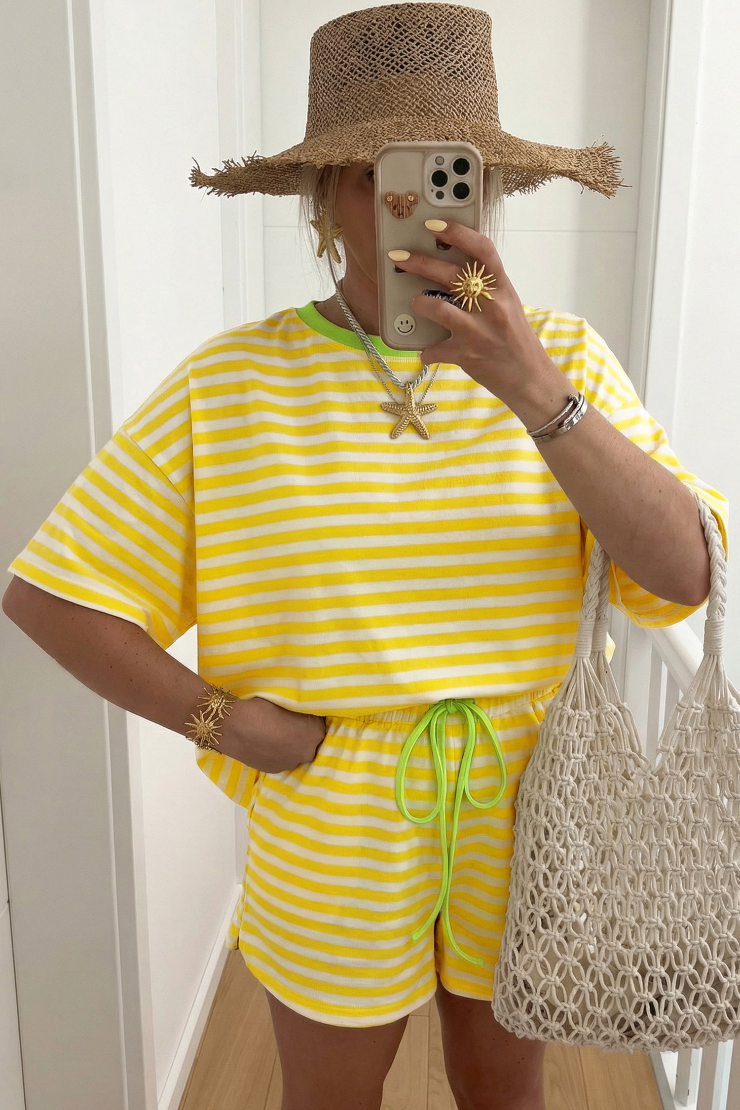 Yellow Stripe Contrast Neck Loose Tee and Drawstring Shorts Set-Two Piece Sets/Short Sets-[Adult]-[Female]-2022 Online Blue Zone Planet