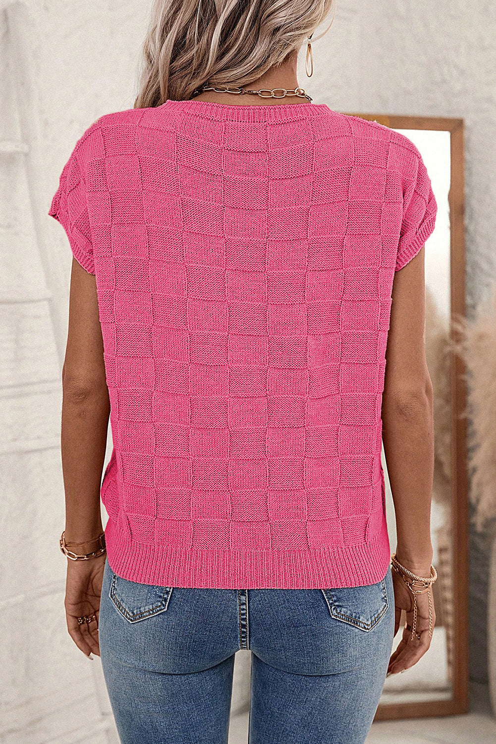 Bright Pink Lattice Textured Knit Short Sleeve Sweater-Sweaters & Cardigans/Short Sleeve Sweaters-[Adult]-[Female]-2022 Online Blue Zone Planet