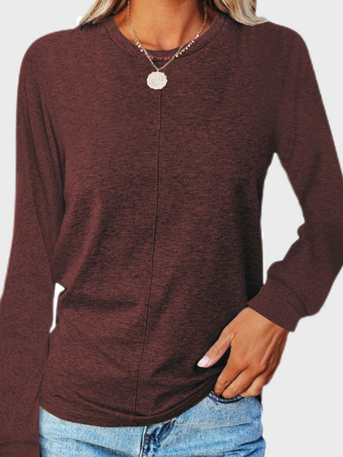 Full Size Round Neck Long Sleeve T-Shirt-TOPS / DRESSES-[Adult]-[Female]-Burgundy-S-2022 Online Blue Zone Planet