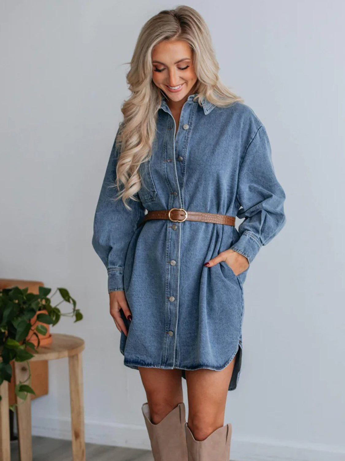 Blue Zone Planet | Button Up Collared Neck Long Sleeve Denim Dress-TOPS / DRESSES-[Adult]-[Female]-2022 Online Blue Zone Planet