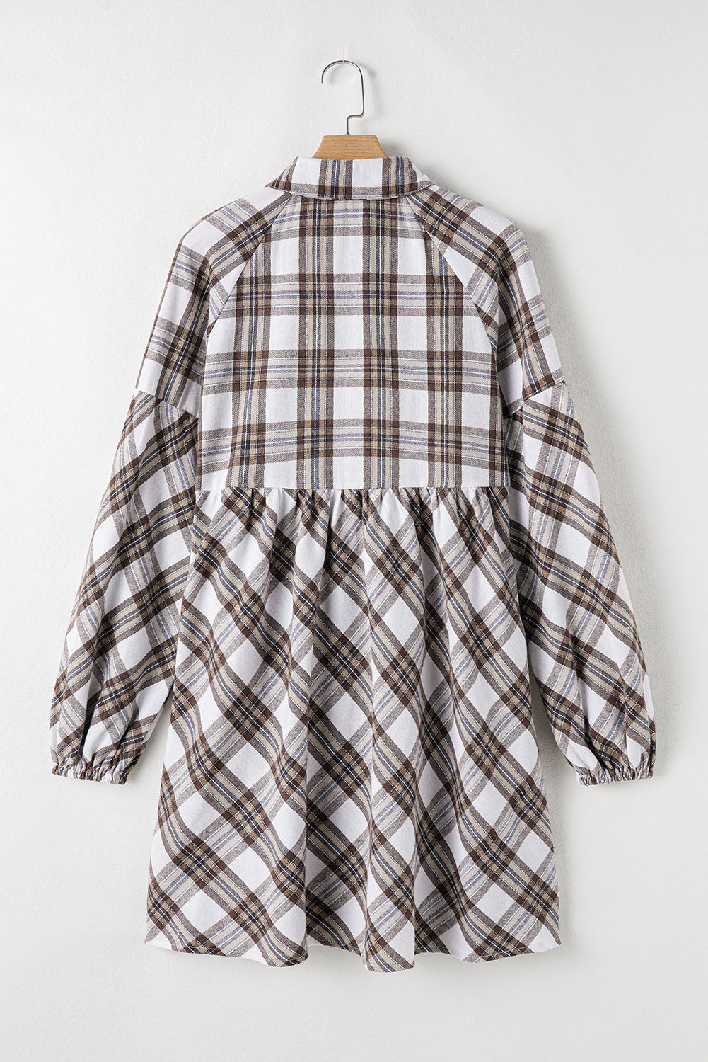 White Plaid Bubble Sleeve Flowy Shirt Dress-Dresses/Mini Dresses-[Adult]-[Female]-2022 Online Blue Zone Planet