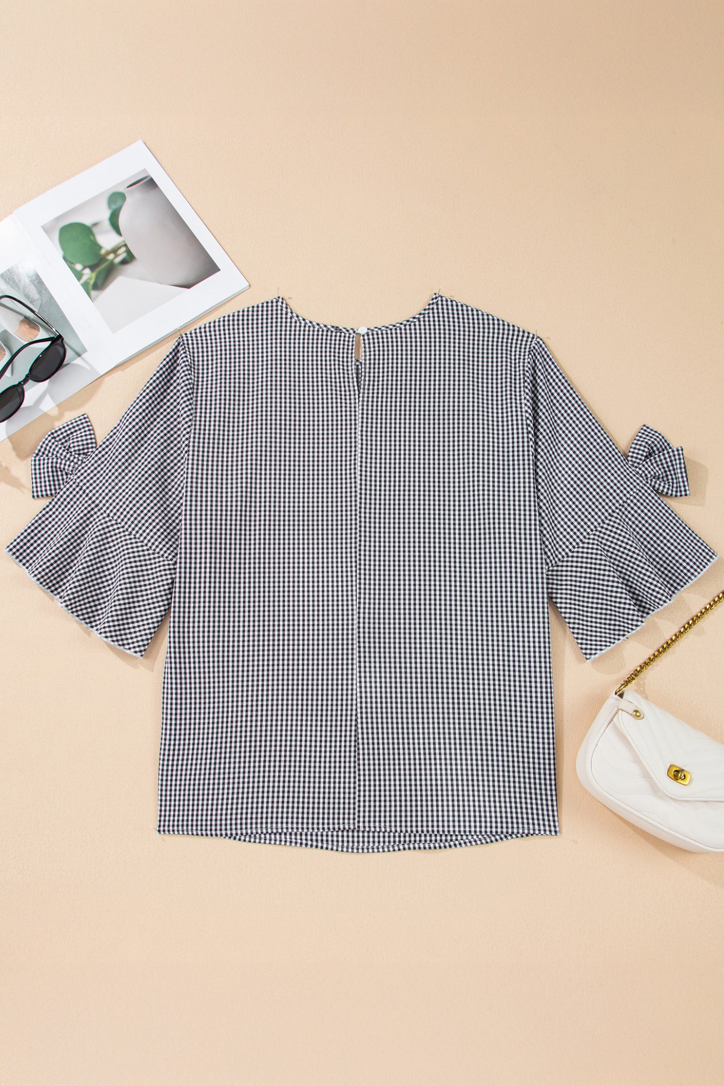Black Plus Size Plaid Bow Decor Bell Sleeve Round Neck Jumper-Plus Size/Plus Size Tops/Plus Size Tops & Tees-[Adult]-[Female]-2022 Online Blue Zone Planet