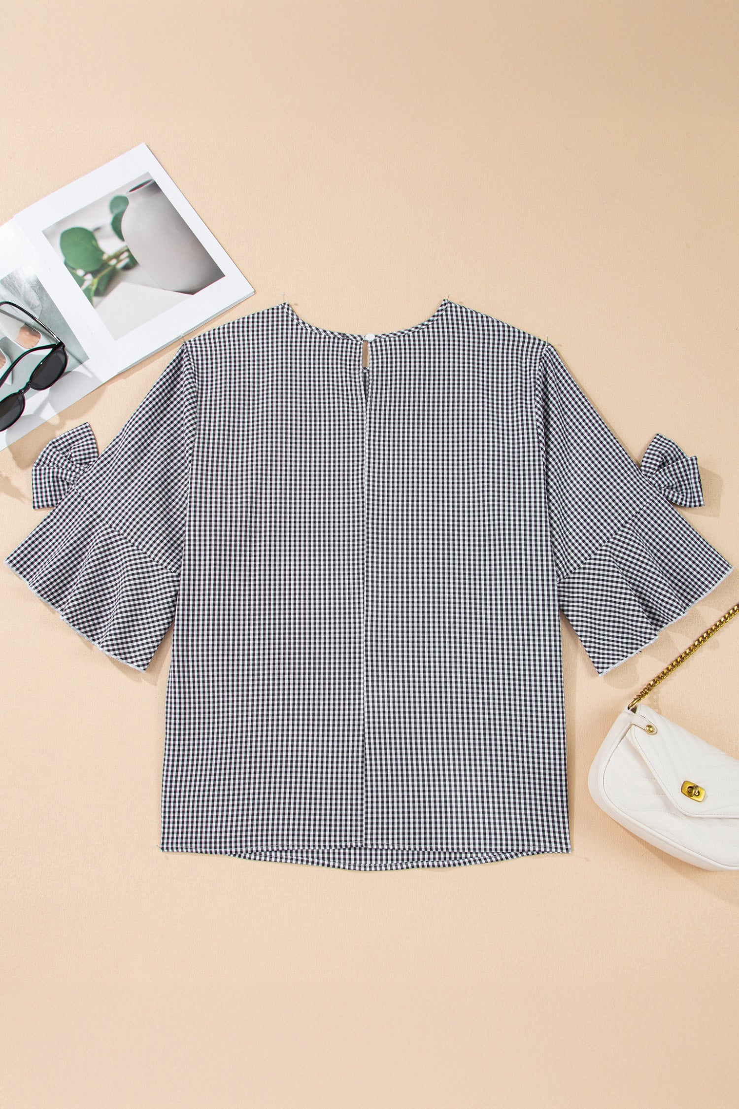Black Plus Size Plaid Bow Decor Bell Sleeve Round Neck Jumper-Plus Size/Plus Size Tops/Plus Size Tops & Tees-[Adult]-[Female]-2022 Online Blue Zone Planet