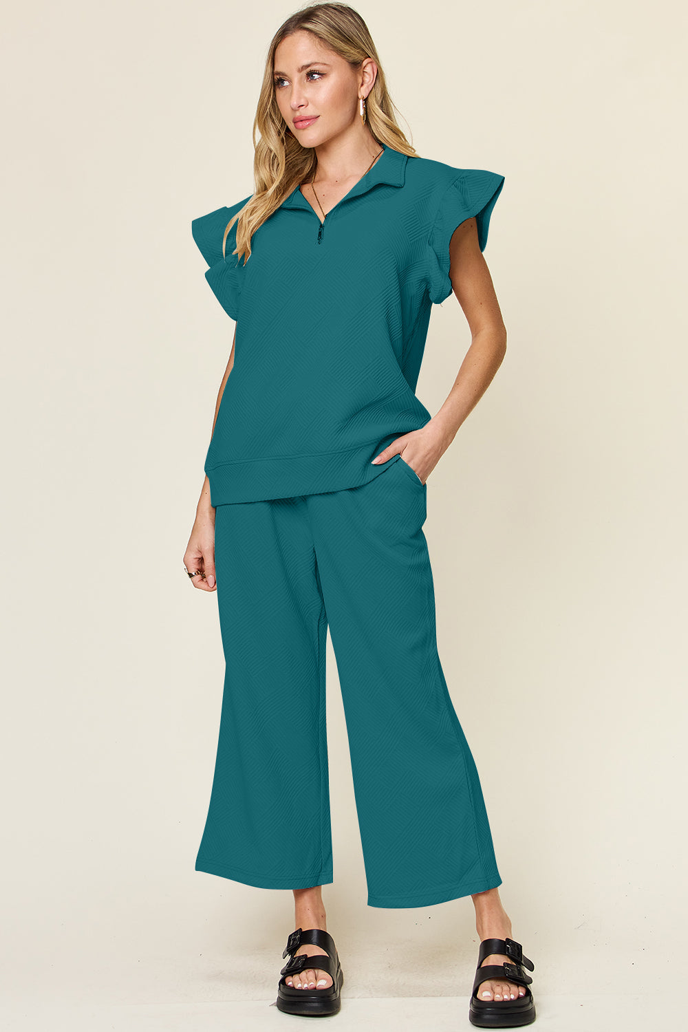 Blue Zone Planet | Double Take Texture Ruffle Short Sleeve Top and Drawstring Wide Leg Pants Set-TOPS / DRESSES-[Adult]-[Female]-Deep Teal-S-2022 Online Blue Zone Planet