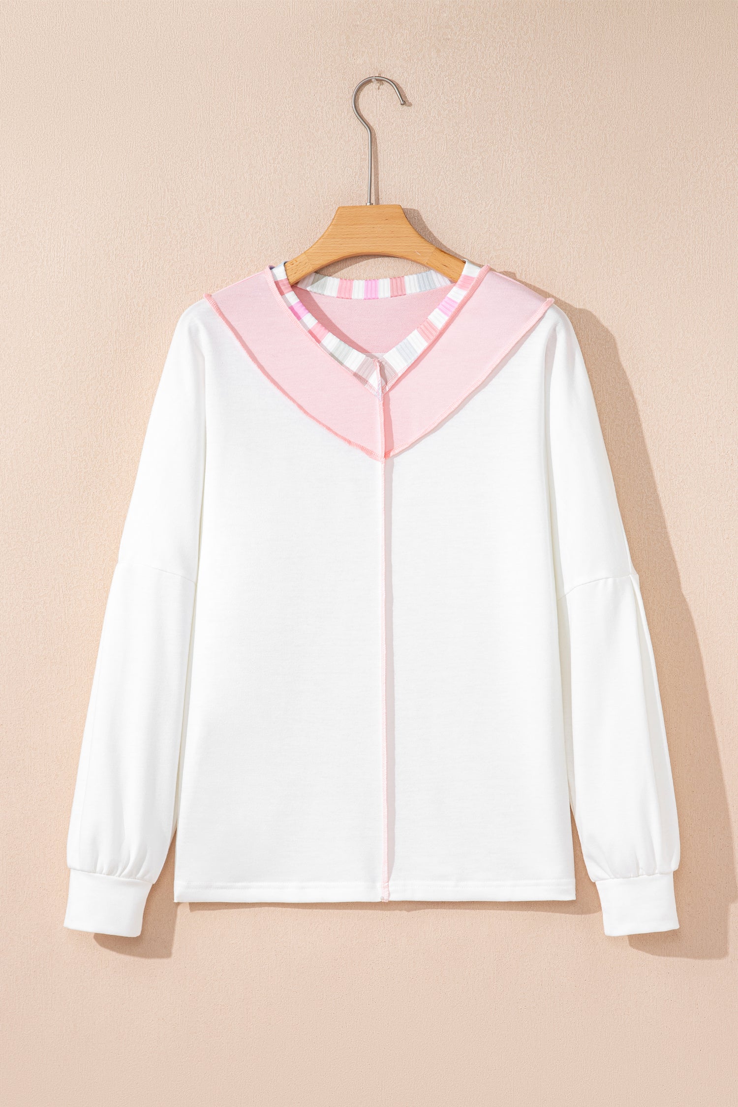White Exposed Seam Rainbow Stripe Color Block V Neck Loose Long Sleeve Top-Tops/Long Sleeve Tops-[Adult]-[Female]-2022 Online Blue Zone Planet