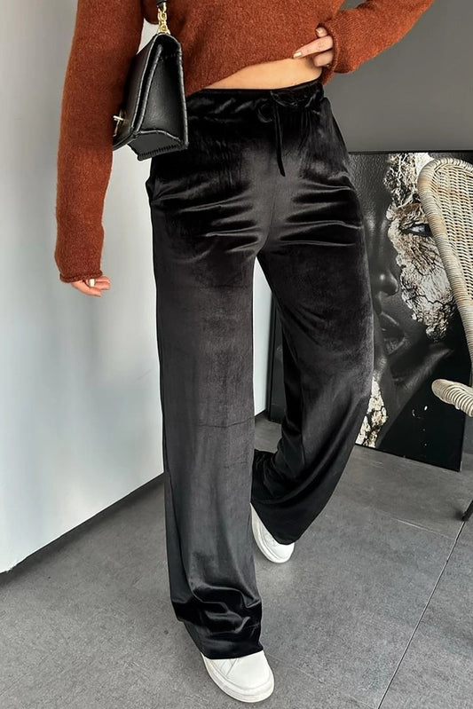 Black Shiny Velvet Drawstring High Waist Straight Leg Casual Pants-Bottoms/Pants & Culotte-[Adult]-[Female]-Black-S-2022 Online Blue Zone Planet
