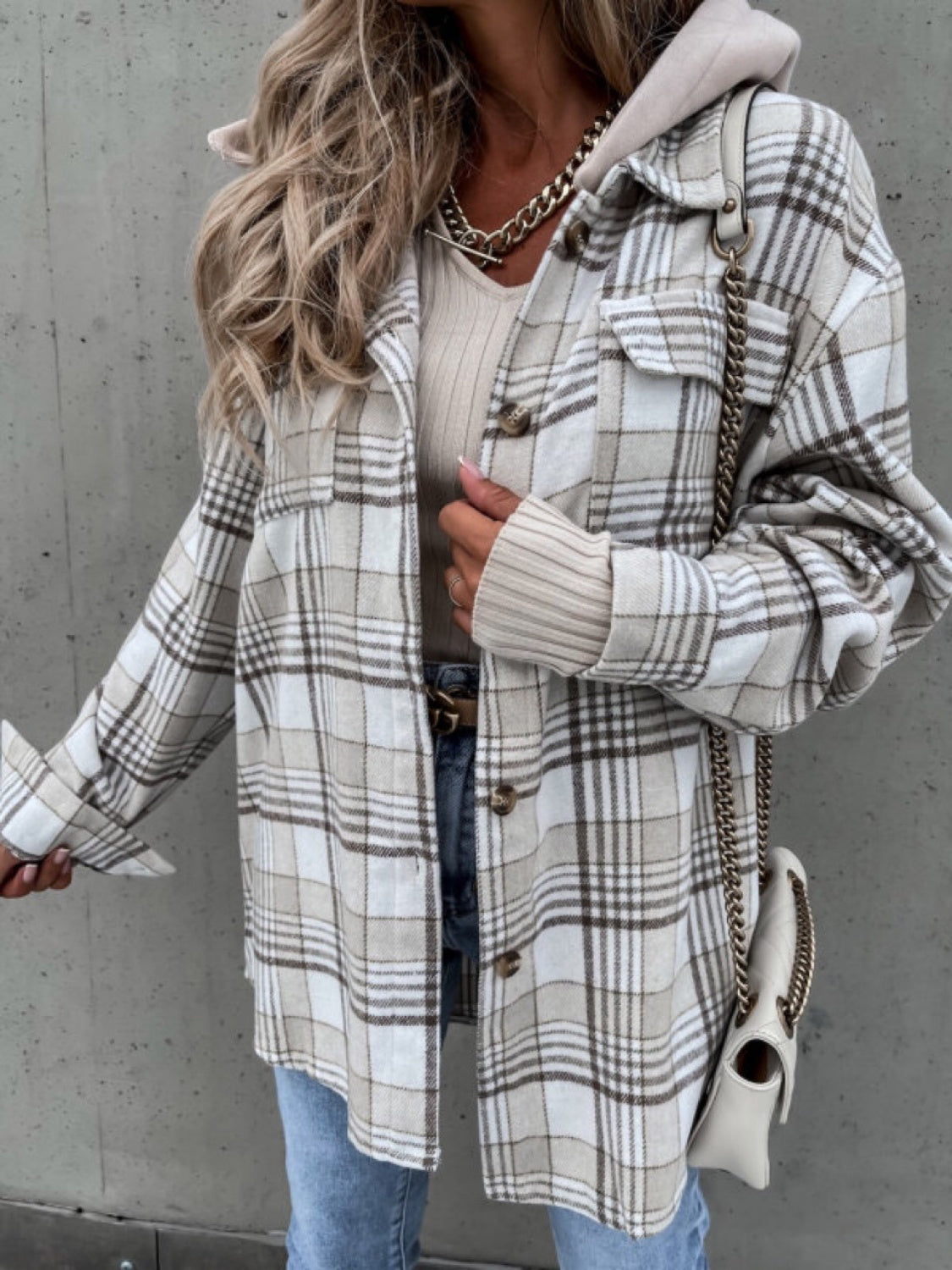 Blue Zone Planet | Plaid Dropped Shoulder Hooded Jacket-TOPS / DRESSES-[Adult]-[Female]-White-S-2022 Online Blue Zone Planet